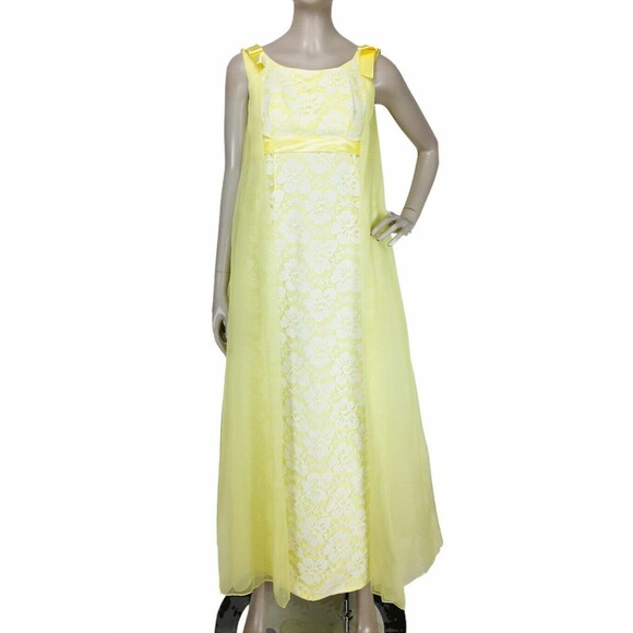 VTG 60s Yellow Floral Lace Chiffon Organza Cape Train Shoulder Bows Maxi Dress - Picture 5 of 12